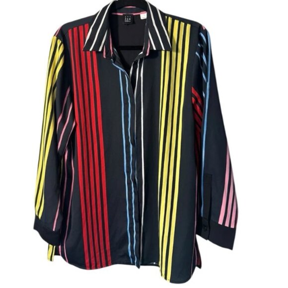 MARELLA Black Multicolor Striped Long Sleeve Button-Up Collared Blouse Sz XL - Picture 4 of 6